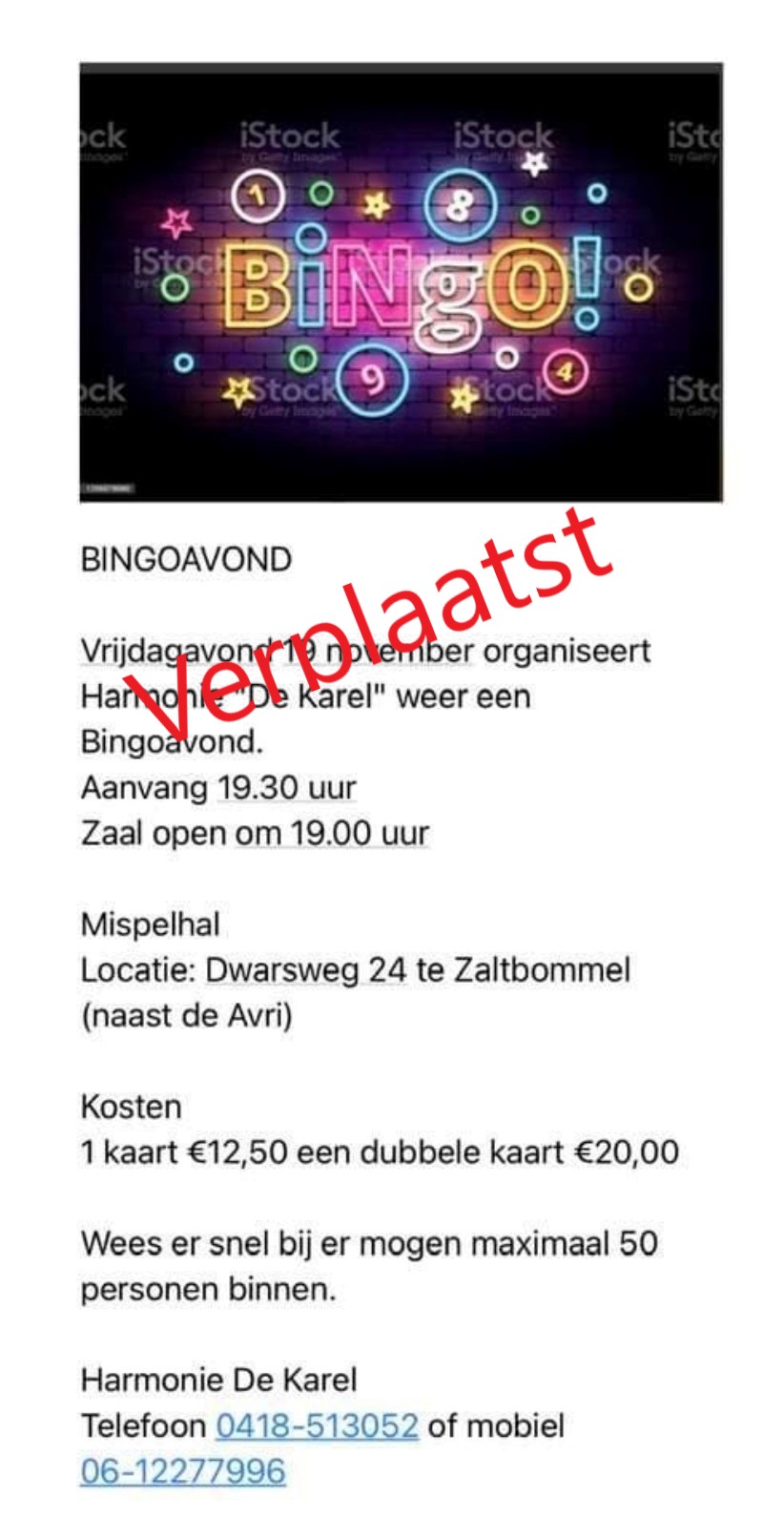 Verplaatst – 19 November 2021 – Bingo